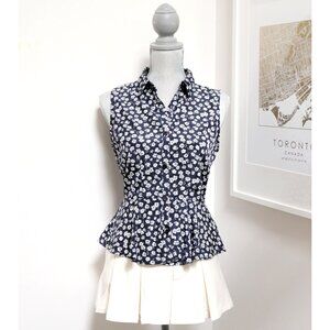 Forever 21 White & Navy Blue Floral Sleeveless Peplum Blouse